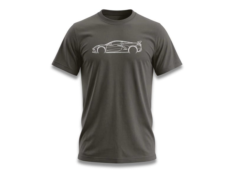 Dark gray t-shirt with a white outline of a sports car on the front.