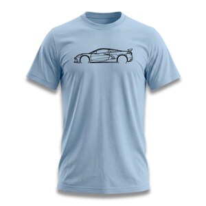 Light blue t-shirt with a black line drawing of a sports car side profile.