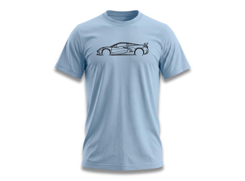 Light blue t-shirt with a black line drawing of a sports car side profile.