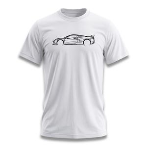 White t-shirt with a black outline sketch of a sports car side profile.