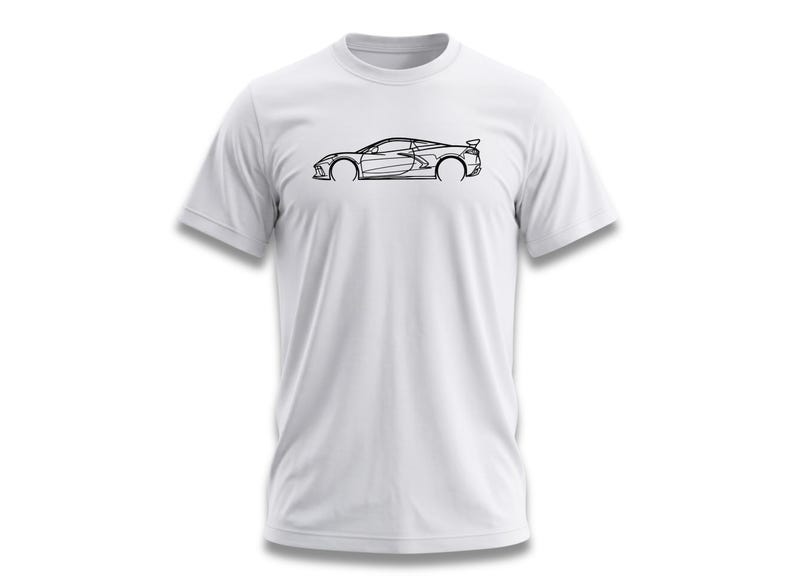 White t-shirt with a black outline sketch of a sports car side profile.
