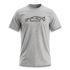 Grey t-shirt with a black outline drawing of a sports car.