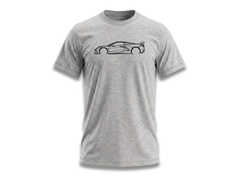 Grey t-shirt with a black outline drawing of a sports car.