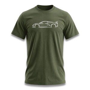 Green t-shirt with white outline of a sports car.