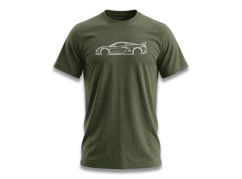 Green t-shirt with white outline of a sports car.