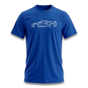 Blue t-shirt with white outline of a sports car on the front.