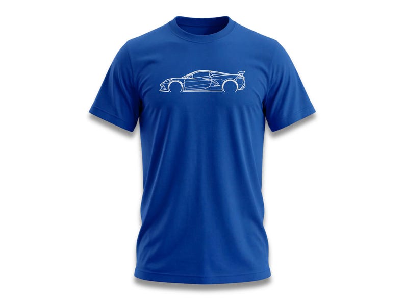 Blue t-shirt with white outline of a sports car on the front.