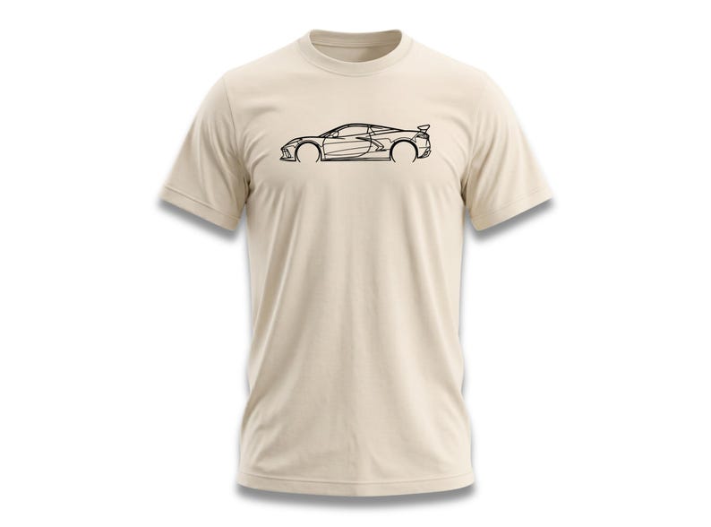 Light beige t-shirt with a black outline sketch of a sports car.