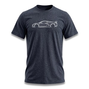 Dark heather t-shirt with white outline of a sports car.