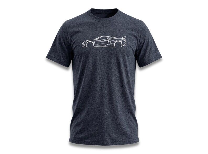 Dark heather t-shirt with white outline of a sports car.