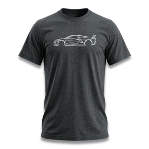 Dark gray t-shirt with a white outline of a sports car on the chest.