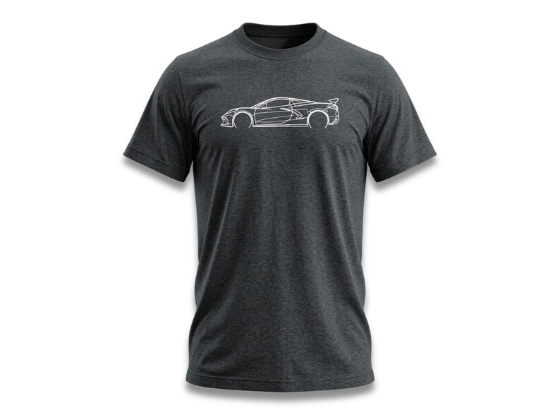 Dark gray t-shirt with a white outline of a sports car on the chest.