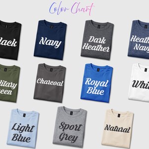 Color chart displaying t-shirts in black, navy, dark heather, heather navy, military green, charcoal, royal blue, white, light blue, sport grey, and natural.
