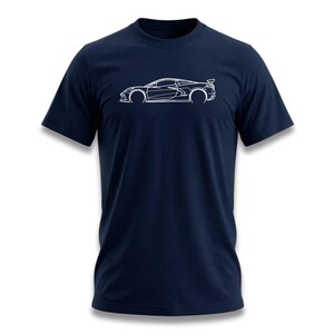 Navy t-shirt with white outline of a sports car on the chest.