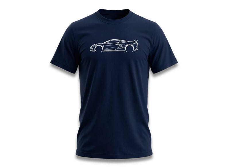 Navy t-shirt with white outline of a sports car on the chest.