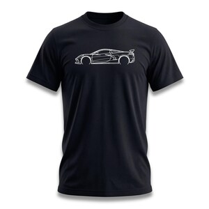 Black t-shirt with a white outline drawing of a sports car.