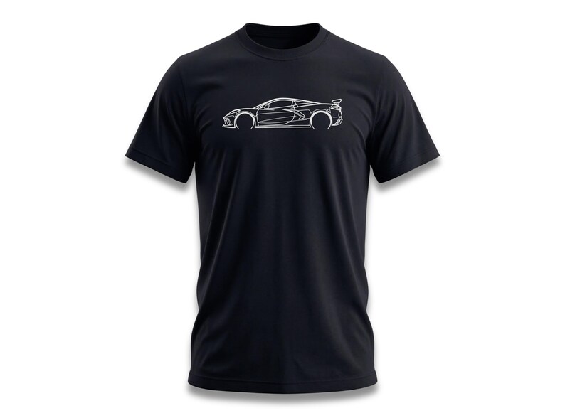 Black t-shirt with a white outline drawing of a sports car.