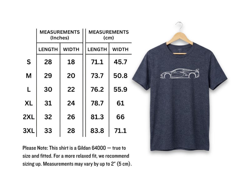 Dark navy t-shirt with white outline of a sports car and size chart.