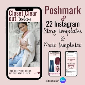 Könnte beinhalten: Ein Set mit 22 anpassbaren Instagram-Story- und Post-Vorlagen für Poshmark-Verkäufer. Die Vorlagen haben einen rosa Hintergrund mit einem weißen Textüberlagerung. Der Text enthält die Wörter "Poshmark", "Instagram Story Templates", "Posts Templates", "Your next outfit awaits", "Neu bei Poshmark? Nutze meinen Empfehlungscode", "Erhalte 10 € Rabatt", und "Bearbeitbar auf Canva".