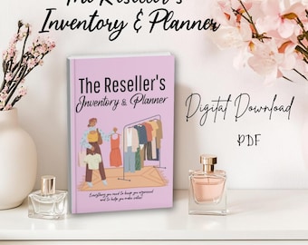 Op de afbeelding: Een roze digitale downloadcover voor een reseller-inventaris en planner. De cover toont een cartoonillustratie van een persoon die kleding koopt. De tekst op de cover luidt "The Reseller's Inventory & Planner".
