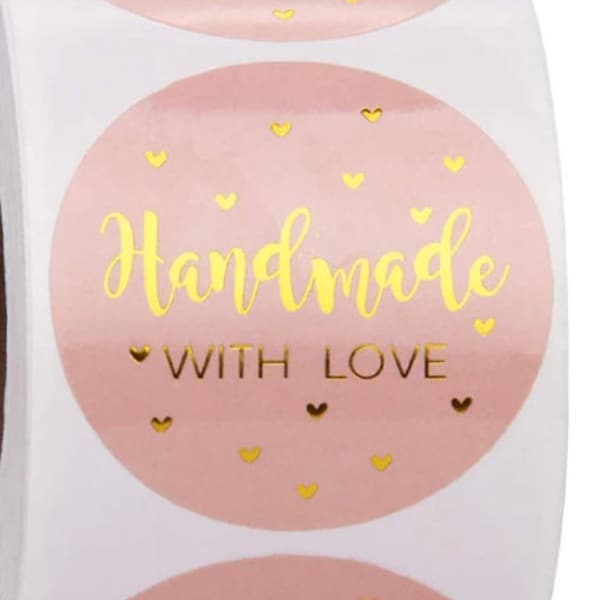 Handmade With Love Stickers, 200 stickers, Pink Handmade Stickers, Gold Metallic Shipping Stickers, Packaging Stickers, 1" Round Stickers,