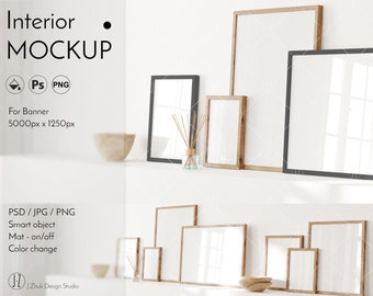 Banner frame mockup, Frame mockup, Interior mockup, Glass reflection, Color change, PSD, PNG, JPG