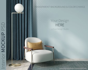 Mid Century Modern Living Room Wall Mockup: Transparent Background (PSD & JPG)