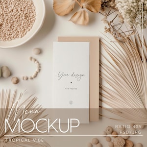 4x9 Menü Template Mockup, Elegantes Hochzeitsmenü Mockup, Boho Tischdekoration, Neutrales Hochzeitsmenü PSD, JPG, PNG,