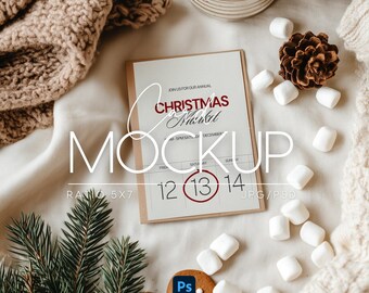 Christmas card Mockup PSD, Xmas Greeting Mockup 5x7, Bohemian New Year Invitation, Cozy Card Mockup, Postcard Holiday Mockup