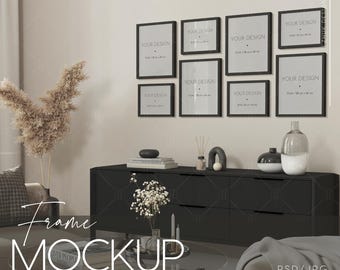 Gallery Wall Mockup, 8 frames, Interior mockup, Mid century modern, Frame mockup, Poster Mockup, Beige, Glass Reflection, PSD, JPG