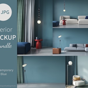 Mockup bundle of contemporery interiors with blue walls, interior mock up, interior bundle, set, kit, empty wall, Living Room Mockup, JPG