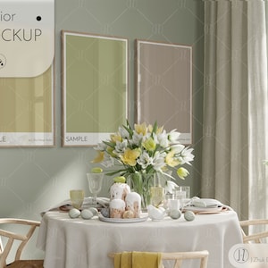 Easter interior mockup, gallery wall mockup, frame mockup, three frames, color change, transparent wall, empty wall, wall mockup, PSD