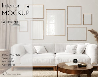 Gallery wall mockup, Frame mockup, interior mock up, japandy interior mockup, Color change, glass reflection, Smart object, PDF, PNG