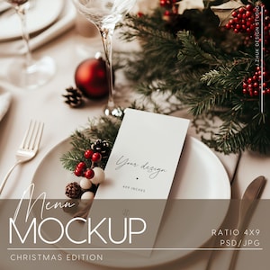 May include: A white menu mockup with the text "Your design" and "4x9 inches" on a white plate with a sprig of greenery and red berries. The text "Menu Mockup" is in brown text with the text "Christmas Edition" below it. The text "Ratio 4x9 PSD/JPG" is in the bottom right corner.
