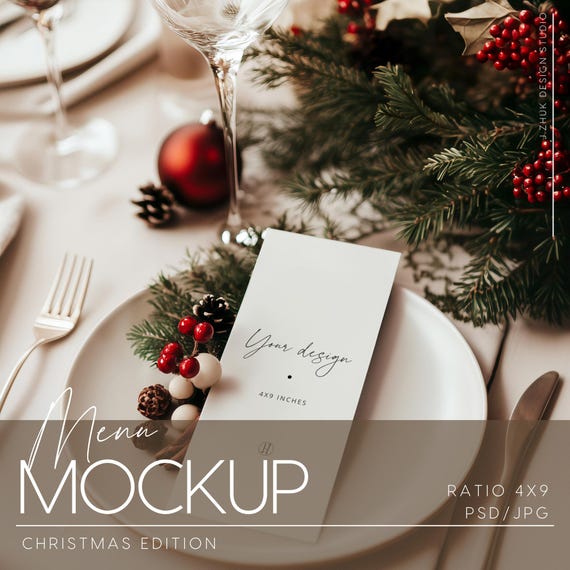Christmas menu mockup, table long menu 4x9 ratio, wedding stationery, winter menu, smart object, PSD, JPG