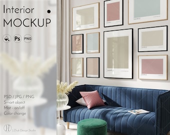 Gallery wall mockup, frame gallery, frame mockup, poster mockup, glass reflection mock up, 10 frames mockup, mat on/off, editable color, PSD