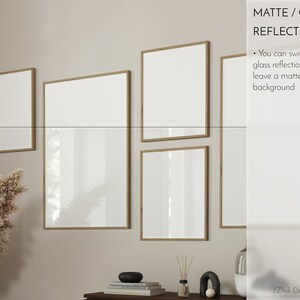 May include: Four framed pictures on a beige wall with a decorative plant in the foreground. The frames are made of wood and have a light brown finish. The pictures are blank and have a white background. The text "MATTE / GLASS REFLECTION" is visible in the upper right corner of the image. The text "You can switch off glass reflection and leave a matte background" is visible below the text "MATTE / GLASS REFLECTION".
