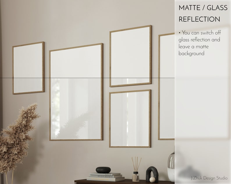 May include: Four framed pictures on a beige wall with a decorative plant in the foreground. The frames are made of wood and have a light brown finish. The pictures are blank and have a white background. The text "MATTE / GLASS REFLECTION" is visible in the upper right corner of the image. The text "You can switch off glass reflection and leave a matte background" is visible below the text "MATTE / GLASS REFLECTION".
