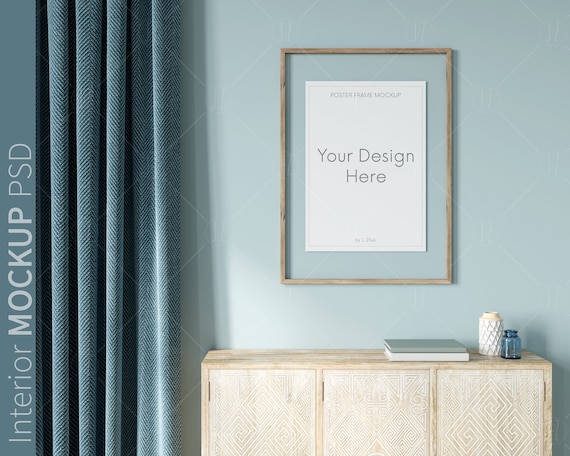 Mid-Century Modern Frame Mockup: Thin Wood A2 Vertical frame (PSD & JPG)