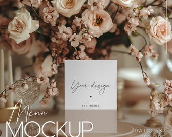 5x7 Invitation Mockup – Sakura Vase and Soft Pink-Beige Background, Ideal for invitations, greeting cards, or menus, file with Smart Objects
