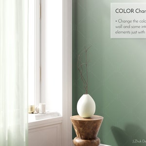 May include: A light green wall with a white vase and a wooden stool. The text "COLOR Change" is written on the wall with a bullet point and the text "Change the color of wall and some interior elements just with one click."  The text "J.Zhuk Design Studio" is at the bottom of the image.