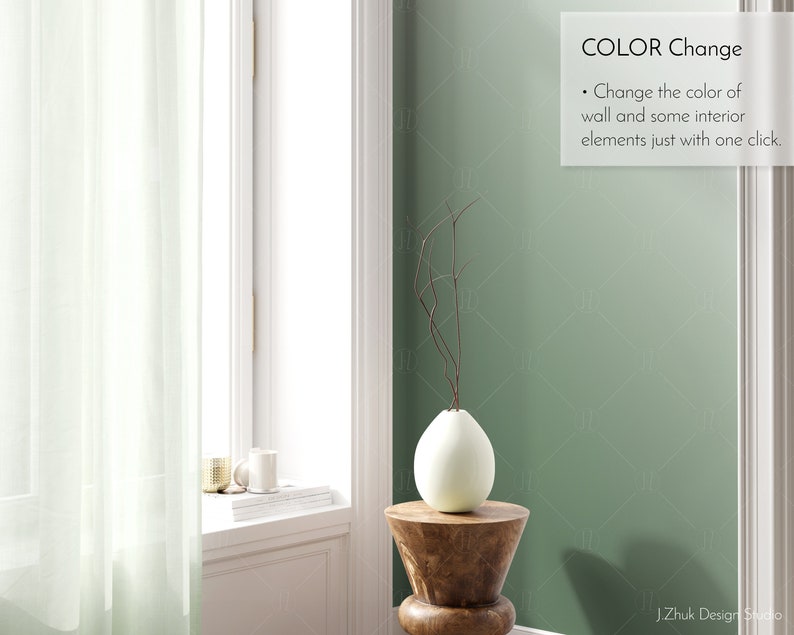 May include: A light green wall with a white vase and a wooden stool. The text "COLOR Change" is written on the wall with a bullet point and the text "Change the color of wall and some interior elements just with one click."  The text "J.Zhuk Design Studio" is at the bottom of the image.