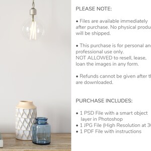 May include: A digital download of a graphic design featuring a white ceramic vase with a geometric pattern and a blue glass vase. The image includes text that reads "PLEASE NOTE:" and "PURCHASE INCLUDES:" with bullet points listing the details of the digital download.