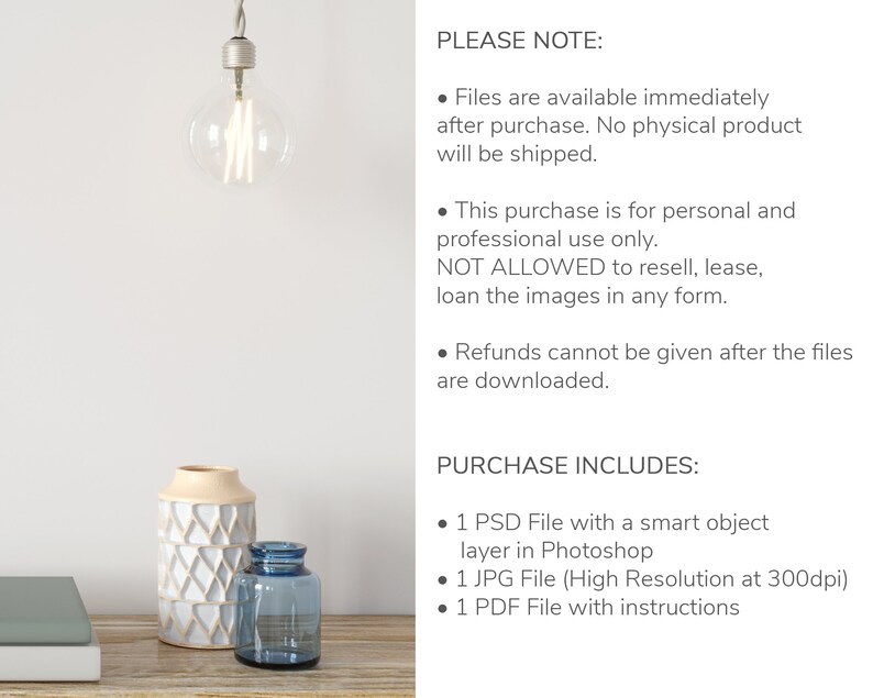 May include: A digital download of a graphic design featuring a white ceramic vase with a geometric pattern and a blue glass vase. The image includes text that reads "PLEASE NOTE:" and "PURCHASE INCLUDES:" with bullet points listing the details of the digital download.