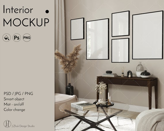 Gallery wall mockup, Frame mockup, Frame gallery mockup, Wall color change, interior mocku up, editable mockup, glass reflection, PSD
