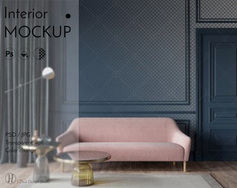 Wall mockup, Interior mockup, Living Room Mockup, Blue Wall, Stock Mockup, Art Deco, mock up, Color change, Transparent wall, PSD, JPG
