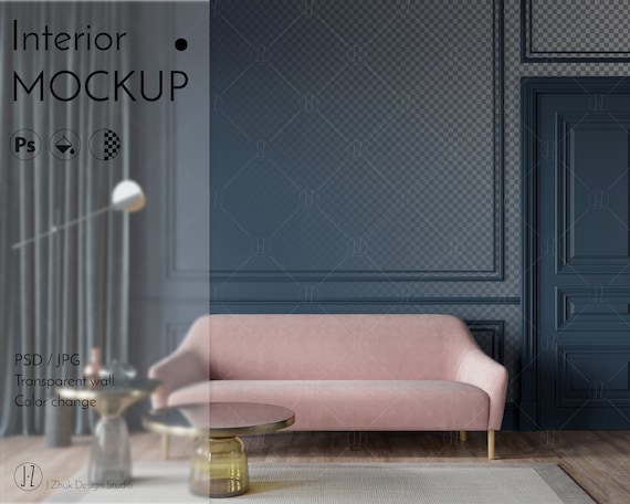 Wall mockup, Interior mockup, Living Room Mockup, Blue Wall, Stock Mockup, Art Deco, mock up, Color change, Transparent wall, PSD, JPG