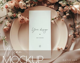 4x9 Wedding Menu Mockup – Elegant Plate with Pink Flowers, for wedding menus and event branding, PSD