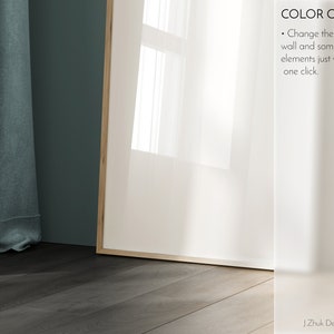 Puede incluir: Una imagen enmarcada con fondo blanco y marco de madera. La imagen est&aacute; colgada en una pared de color verde azulado. La pared est&aacute; junto a una cortina azul verdosa. El suelo es de madera oscura. El texto de la imagen dice "COLOR Change &bull; Change the color of wall and some interior elements just with one click. J.Zhuk Design Studio"