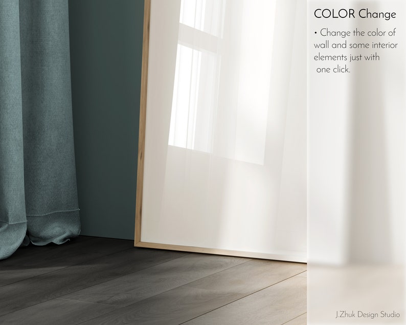 Puede incluir: Una imagen enmarcada con fondo blanco y marco de madera. La imagen est&aacute; colgada en una pared de color verde azulado. La pared est&aacute; junto a una cortina azul verdosa. El suelo es de madera oscura. El texto de la imagen dice "COLOR Change &bull; Change the color of wall and some interior elements just with one click. J.Zhuk Design Studio"